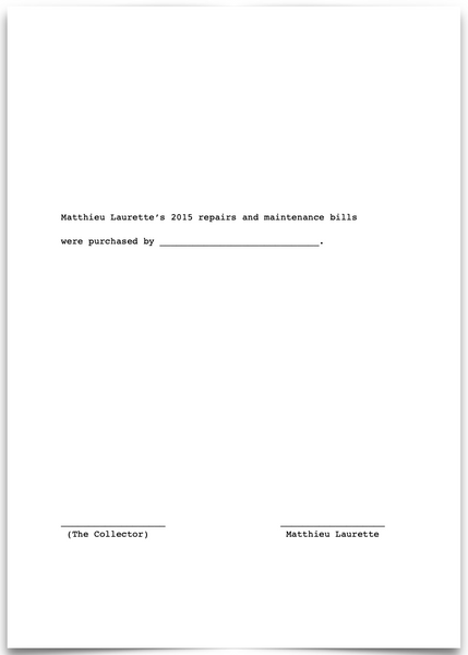 «Matthieu Laurette’s 2015  repairs and maintenance bills were purchased by _____________.»